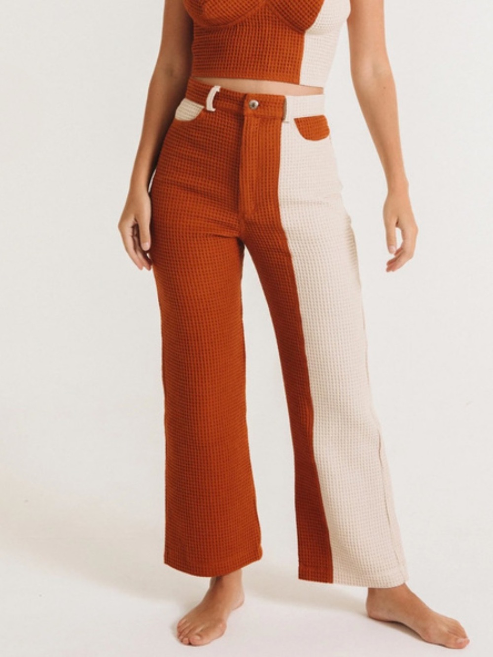 ANIELA PARYS Apollo waffle trousers Two-Tone Rust & Cream Wide-Leg Knit Pants S